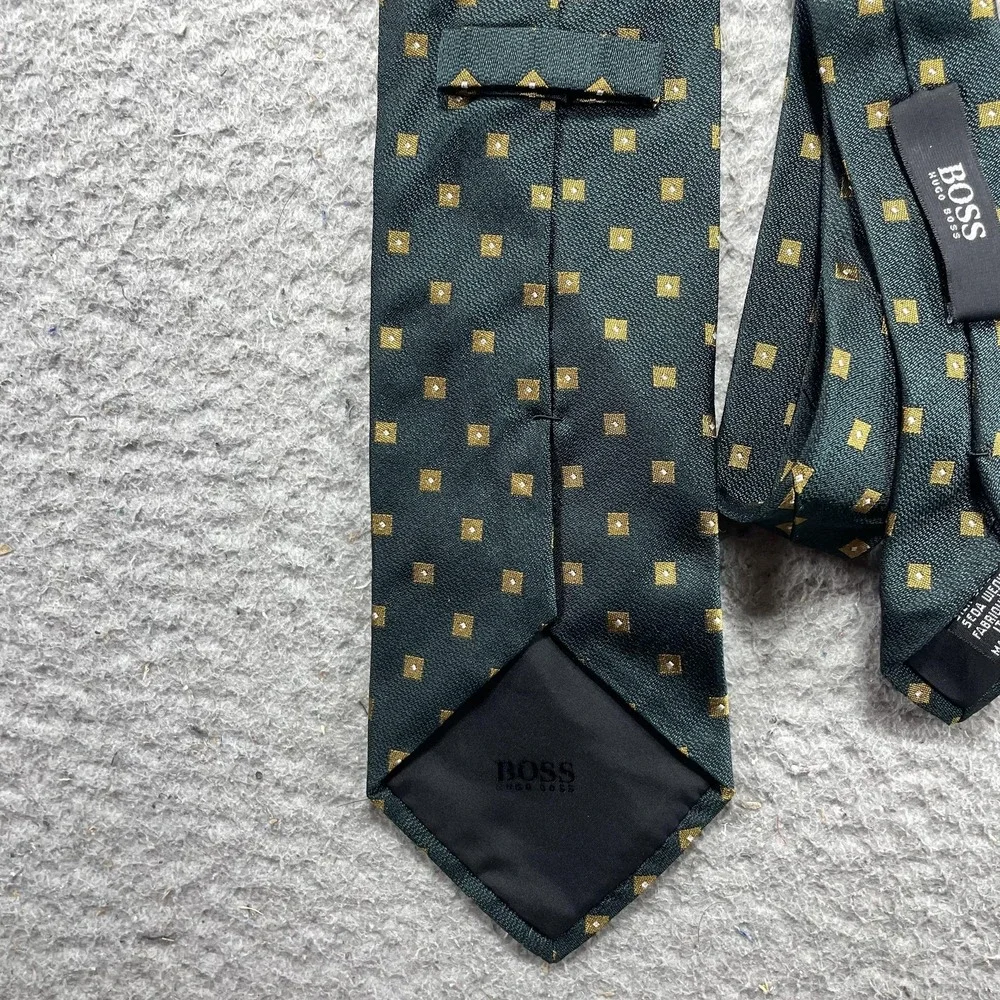 BOSS Hugo Boss Tie Mens One Size Green Geometric Woven Silk Necktie Italy